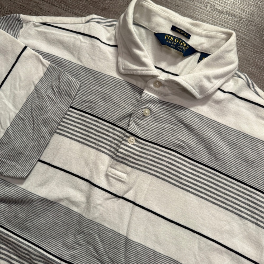 Polo Golf Ralph Lauren Shirt Mens XL White Gray Stripe Pima Cotton Stretch Lisle